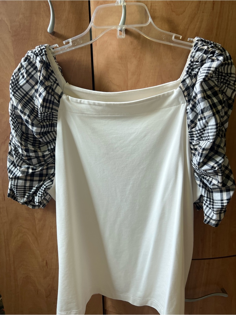 Ann Taylor White Top with Black Plaid Puff Sleeves
